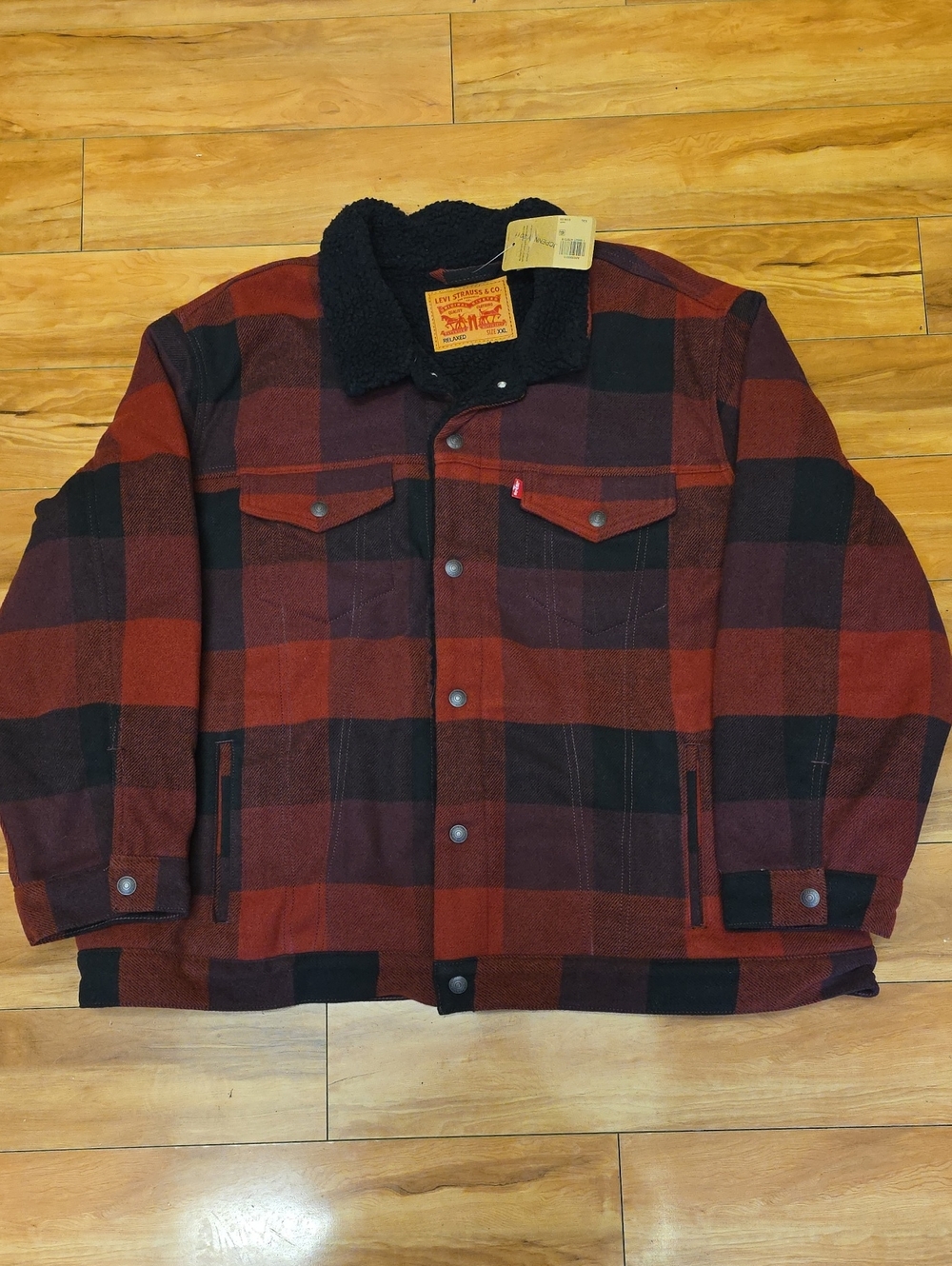 NEW Levi's Men's Relaxed Fit Sherpa Lined  Plaid Trucker Jacket Red Black Sz XXL